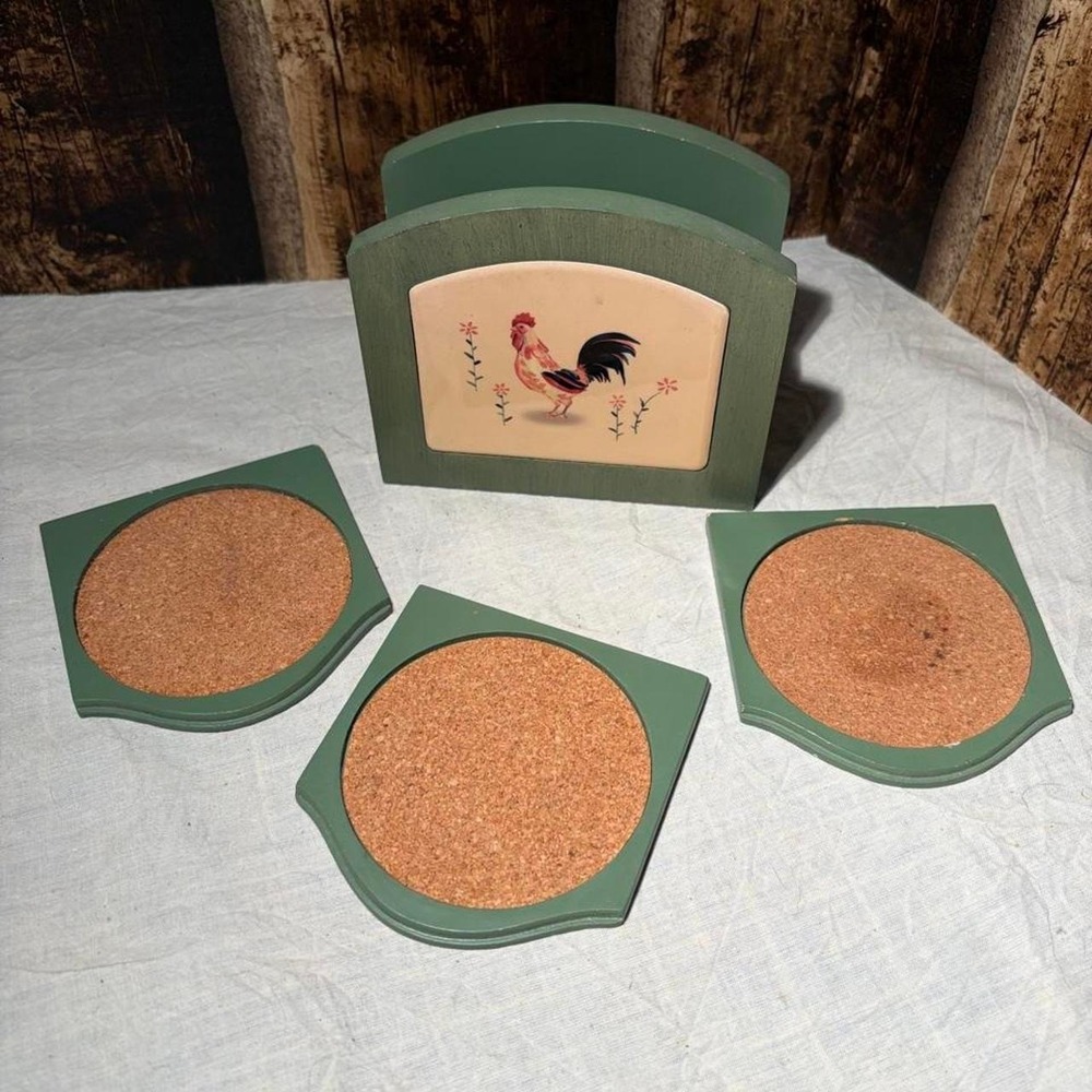 Vintage green set of 3 ceramic tile rooster and flowers coaster set